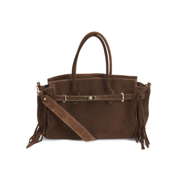 MARLON Chocolate Made In Italy Suede Large Franges East West Tote - Picture 1 of 2